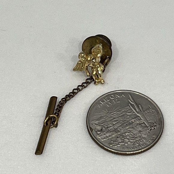 Vintage Gold Tone Winged Angel Tie Tack With Chain Guardian Angel Cherub - Picture 10 of 11